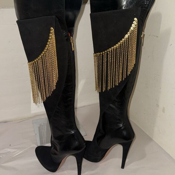 36/6❤️ITALY Francesco Sacco Leather Over Knee High Heels Tall Gold Chain Boots - Picture 2 of 10